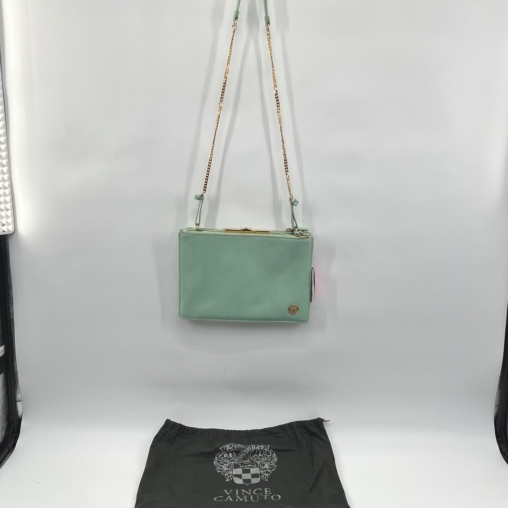 Vince Camuto Crossbody Bag Leather Green Gold Chain Bag Latch Close Envelope